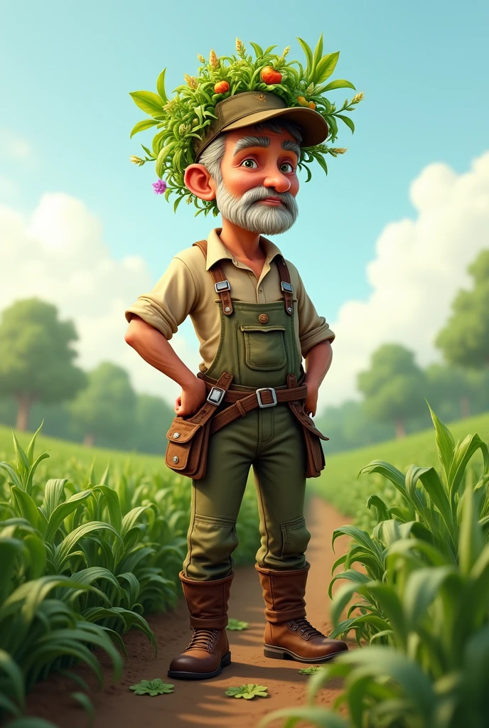 An agricultural engineer with a crop field or plants on top of his head or cap 