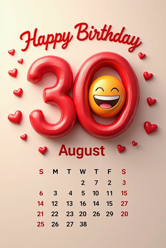 2024 August month calendar and 30th date warped up with love emoji and the main text of happy birthday smrity