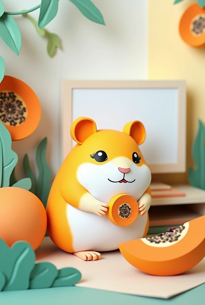 a white and yellow hamster, sitting in front of a computer, with a piece of papaya, masterpiece, all in three dimensional paper art、(Almond Shapes);1.9、(Three-dimensional paper-cut art.、colorful):1.9