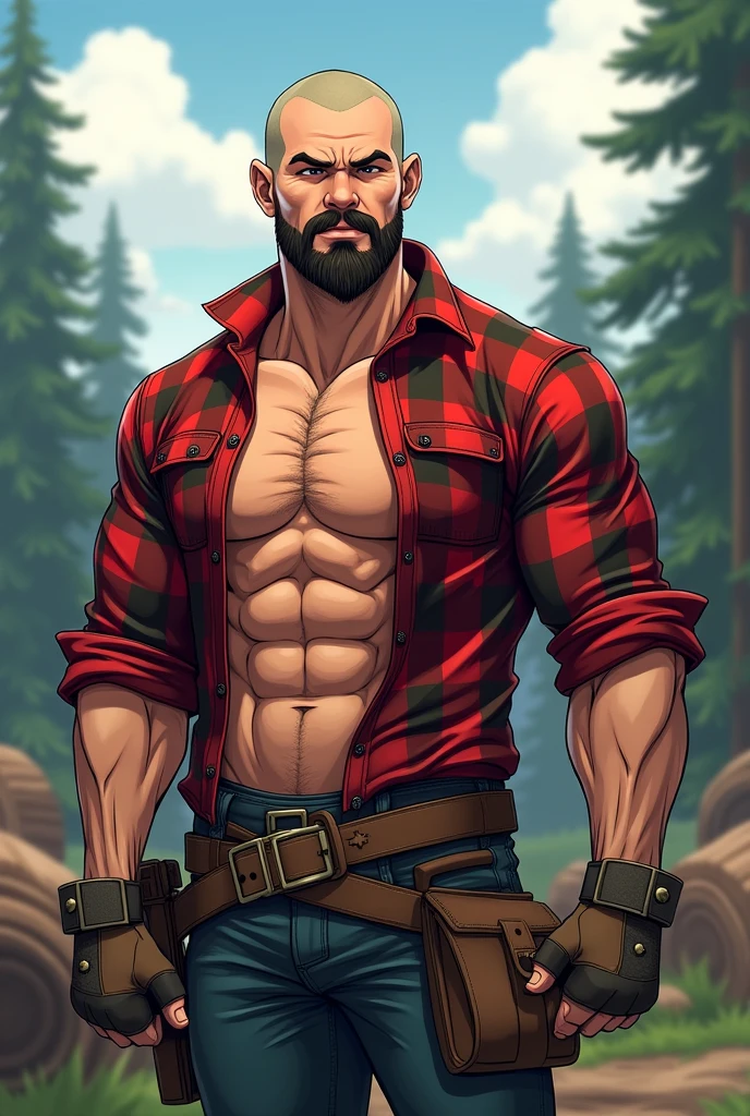 Lumberjack man in a plaid shirt, beautiful on the chest short beard and shaved hair, atletico anime