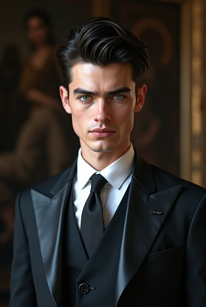 (photorealism:1.2), a striking young man with sharp, angular features and a commanding presence. His dark hair is neatly styled, and his piercing blue eyes are both captivating and intense. He dresses in finely tailored clothes that reflect his high status and his family's influence, often opting for a classic, sophisticated look.