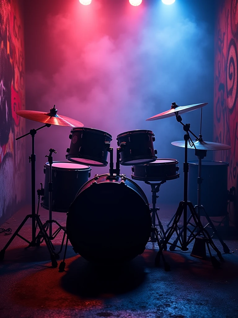 A full set of Electric drums in low lighting in a smoky room full colour hires hd graffitti style