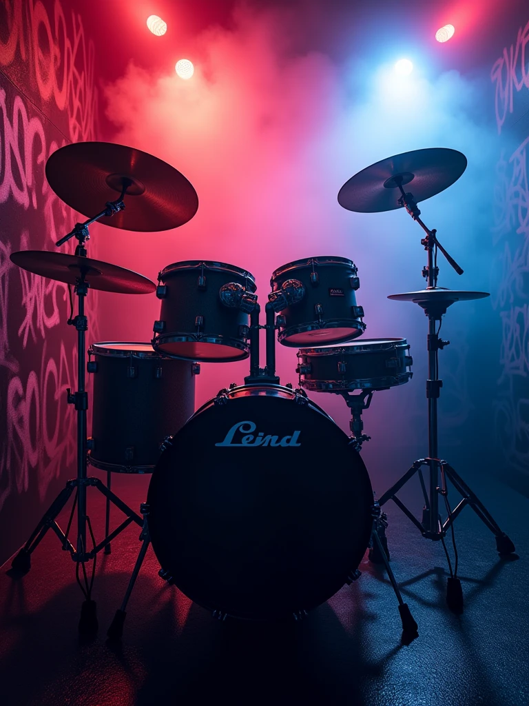 A full set of Electric drums in low lighting in a smoky room full colour hires hd graffitti style