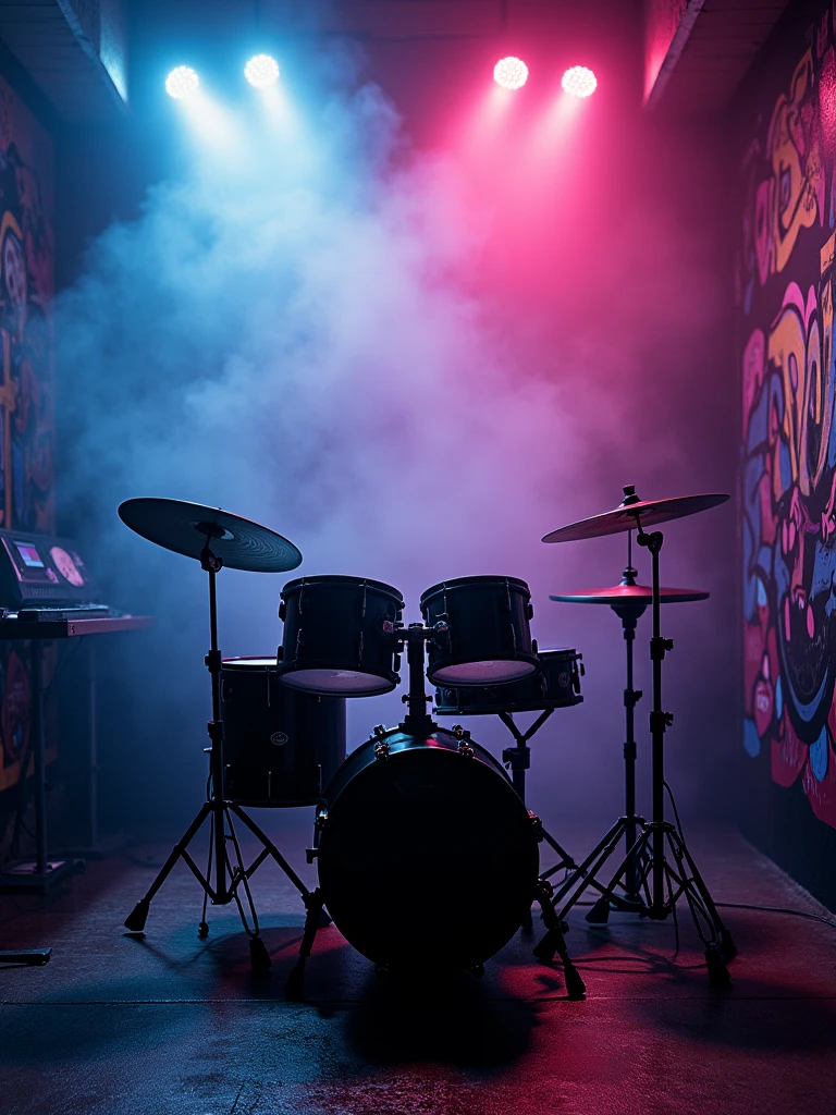 A full set of Electric drums in low lighting in a smoky room full colour hires hd graffitti style