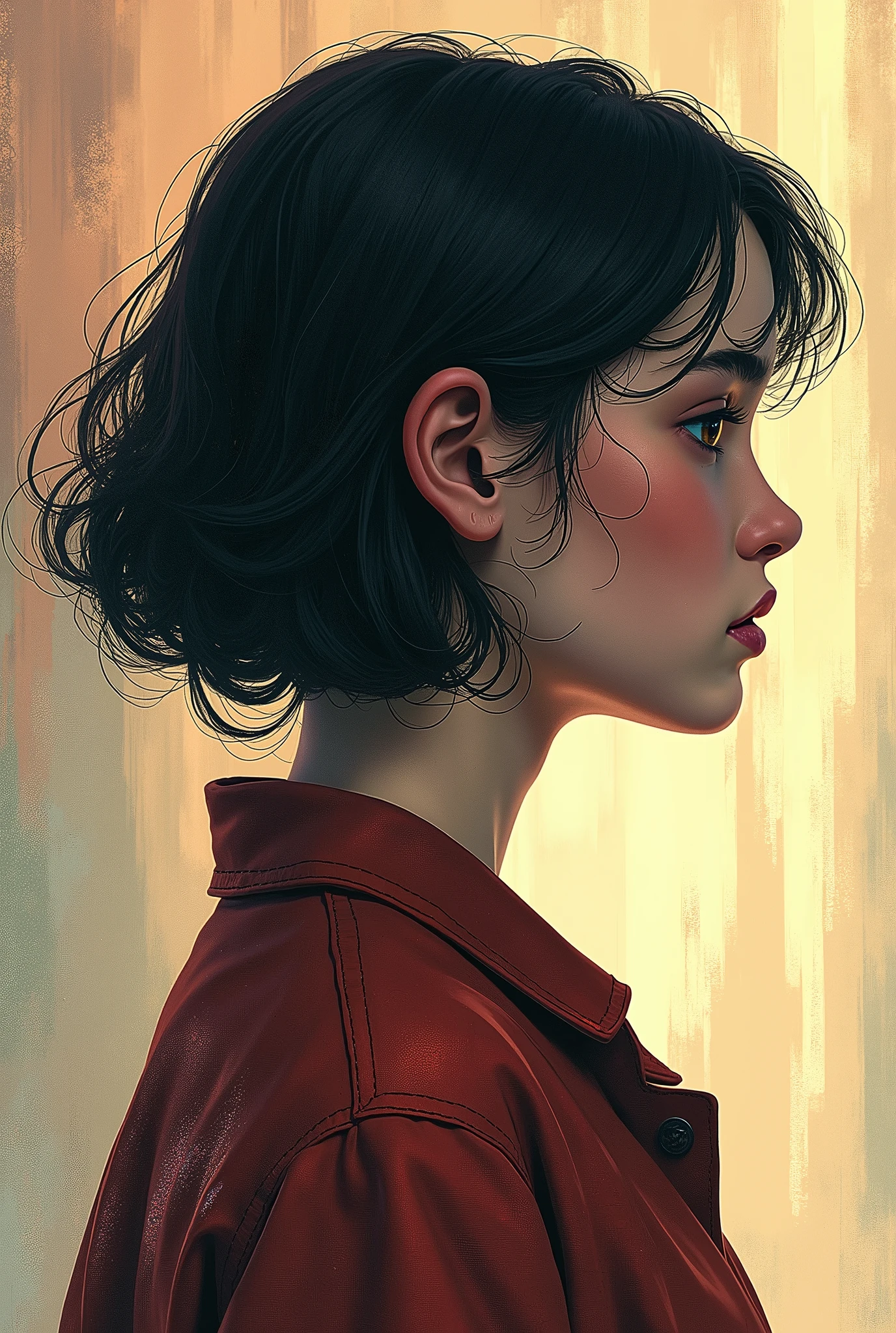 There is a woman with a red jacket and a red shirt - SeaArt AI