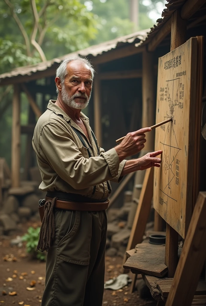 A man standing in front of a wooden board holding a stick in his hands pointing at the board