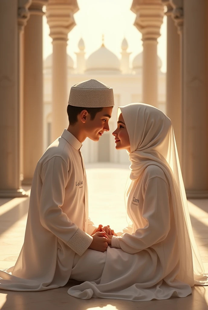 A Islamic boy and a Islamic girl with white dress, a catching hand each other, sitting in the مدینہ مکرمہ, لڑکی کے کپڑے میں A لکھا ہو اور لڑکے کے کپڑے میں ذلM لکھا ہو۔