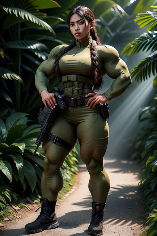 Photorealistic, high resolution, 1 malay woman wearing a green beret, Solo, Hips up, Battlefield background,view the viewer, (Detailed face), braided hair, wearing a green beret and a special team logo, SWAT vests, airborne logo on the chest, sniper rifle handle, camouflage combat suit, Camoflage military uniform, bulletproof vest, Holding an assault rifle, M16, Inside the jungle of Royal Belum, Very detailed, Perfect face, Black eye, jewelry, (full body view), Lifelike, masterpiece, HDR, 4K