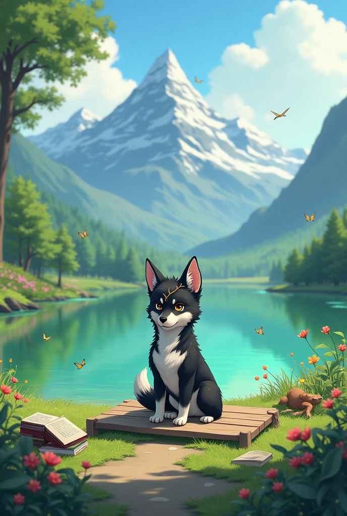 paradise on earth, beautiful pointy mountains, flowers scattered on the ground, raft on a green lake with a small black and white dog, pointy ears, wolf face, missing a branch in the head, white chest, white tip of the tail, butterflys, Amazing place, scattered books, other animals in the place