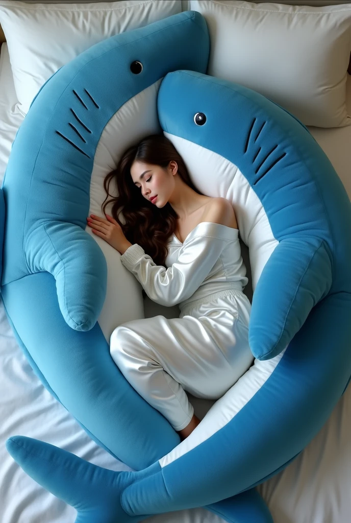 A beautiful brunette is entirely inside 2 huge blue shark plushies. the plushies are coiling around the rest of her body. She is wearing a satin Kigurumi costume lying in bed surrounded by the huge plushies. the plushies are quite large and fluffy, occupying a significant portion of the image