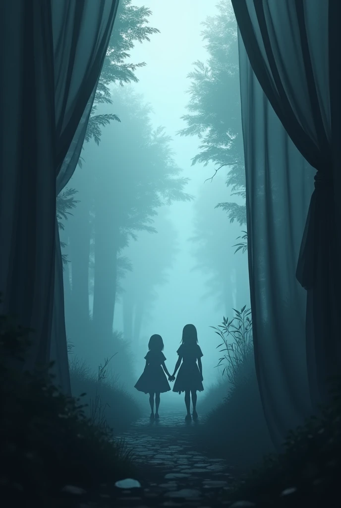 Generate an image with background A foggy, ethereal landscape, possibly featuring a dense forest shrouded in mist or a quiet, shadowy village. The atmosphere should be mysterious and almost otherworldly and a silent pathway with foreground as veil or curtain and a faint silhouette of 2 girls