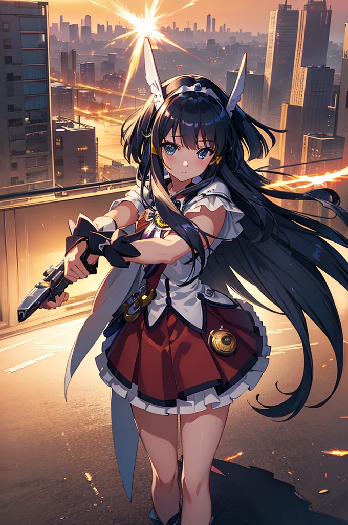 (16K,Ultra-high resolution,Highest quality,masterpiece,Super detailed,Attention to detail,Very vivid CG),Photographed from the front,((A high school girl from the near future holding a large black handgun and a combat knife)),Japanese((Flash from the gun muzzle:1.3)),Anatomically correct body,Highly detailed facial features, Beautiful and perfect face, Perfect Eyes,Best Anime,The best CG,Ruined city at sunset,A very close full moon,Detailed background,Red-black long hair