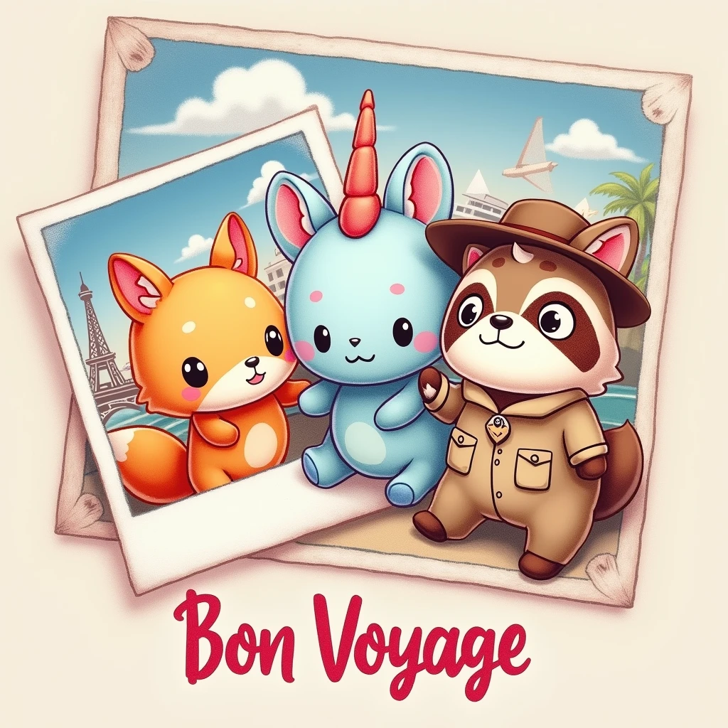 "Create a realistic colored pencil painting style illustration, with good layout and design features. A imagem deve ser ((glad)), with good contrast, fine and delicate strokes, cute and fun, intended for the public . The illustration features three polaroid-style photos, each showing a Squishmallows in different situations during a trip. Squishmallows look like teddy bears: in the first photo, um Squishmallows raposa laranja glad tirando uma foto em frente a um famoso ponto turístico como pariz; In the second photo, a blue unicorn Squishmallows with big round eyes carrying a suitcase at an airport ; and in the third photo, a Squishmallows raccoon in a scout outfit map in hand and backpack on his back, glad usando óculos de sol enquanto relaxa em uma praia tropical. The photos are random, portraying different places and travel situations. The art, Em geral, presents a distribution that resembles shirt prints, avoiding a rectangular shape. Below this scene, there is text that says 'Bon Voyage' in a stylized font that suggests a vibe of adventure and exploration. The font color transitions from pink at the top to yellow at the bottom, imitating a sunset. This image evokes nostalgia for travel and adventure, symbolizing freedom and leisure."