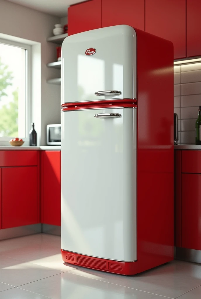 Peabody refrigerator with white upper frizzer and red details