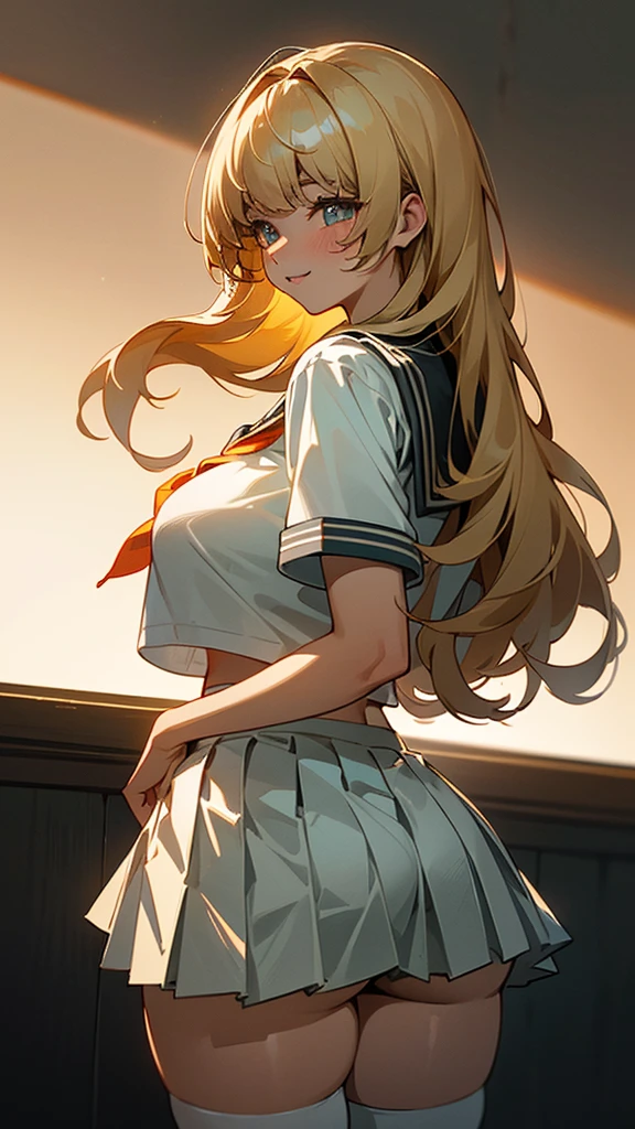 (UHD, retina, masterpiece, accurate, anatomically_correct, textured_skin, super_detail, high_details, high_quality, best_quality, high_res, 1080P, HD, 4K, 8k, 16k), (beautiful_detailed_eyes, beautiful_detailed_lips, extremely_detailed_eyes_and_face), soft_lighting, physically-based_rendering, vivid_colors, (large_breasts:1.5), (shiny_hair, shiny_skin, tanned_skin, blush), (bangs:1.5), eye_reflection, (bokeh), smile_and_laugh, From Behind, facing_away, (cropped_seifuku_shirt:1.5), (very_short_skirt:1.5, pleated_skirt, white_skirt), blonde_hair, white_knee_socks, wide_hips, thick_thighs, huge_butt, butt_focus