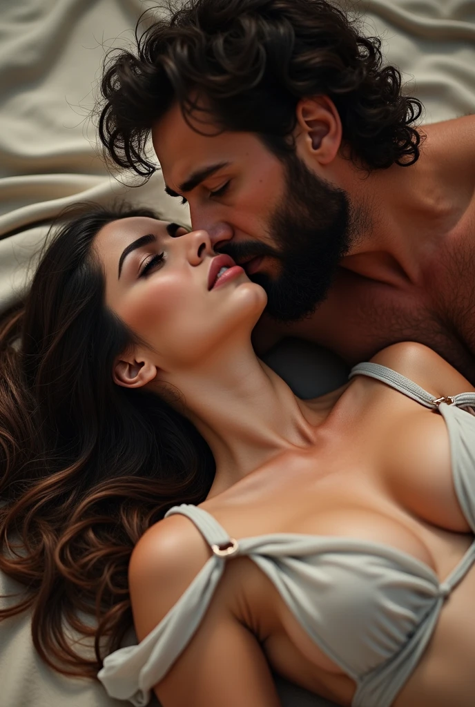 A hot brunette girl seductively snuggles up to a man with curly hair and beard. she is lying on the ground, he kneels over her, to kiss her. They are only lightly dressed. He covers her breasts with his arm. playing with the camera. Brustwarzen, Body view, bright light, viewer,