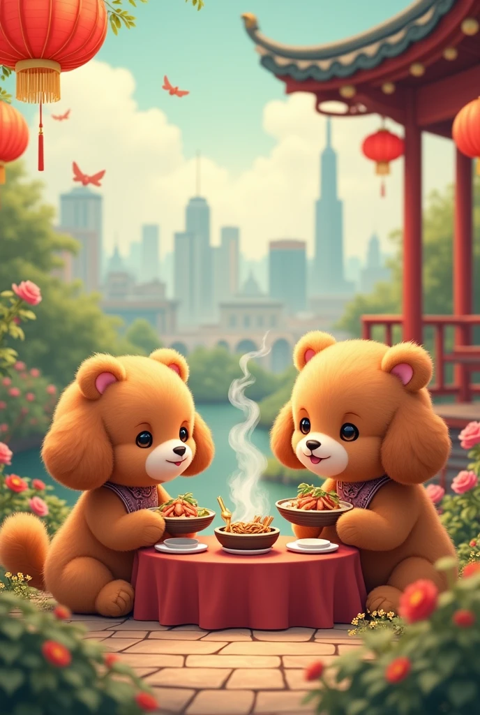 (((masterpiece))), (((best quality))), ((Extremely detailed)), (Highly detailed CG illustrations), ((Extremely delicate and beautiful)),(Cute and delicate face),Movie Lighting,(Two characters,super wide angle,
Brown poodles and pandas sit together with chopsticks and bowls. Pandas eat Chongqing hot pot together,food,landscape,sky,panda,outdoor,chopsticks,cloud,no one,eating,day,noodles,mouth,table,building,restaurant,holding,blue sky,brown eyes,Ramen,city,lantern,water,cup,bridge,chair,paper lantern,plate,smile,city landscape,boat,