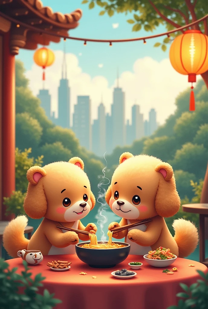 (((masterpiece))), (((best quality))), ((Extremely detailed)), (Highly detailed CG illustrations), ((Extremely delicate and beautiful)),(Cute and delicate face),Movie Lighting,(Two characters,super wide angle,
Brown poodles and pandas sit together with chopsticks and bowls. Pandas eat Chongqing hot pot together,food,landscape,sky,panda,outdoor,chopsticks,cloud,no one,eating,day,noodles,mouth,table,building,restaurant,holding,blue sky,brown eyes,Ramen,city,lantern,water,cup,bridge,chair,paper lantern,plate,smile,city landscape,boat,