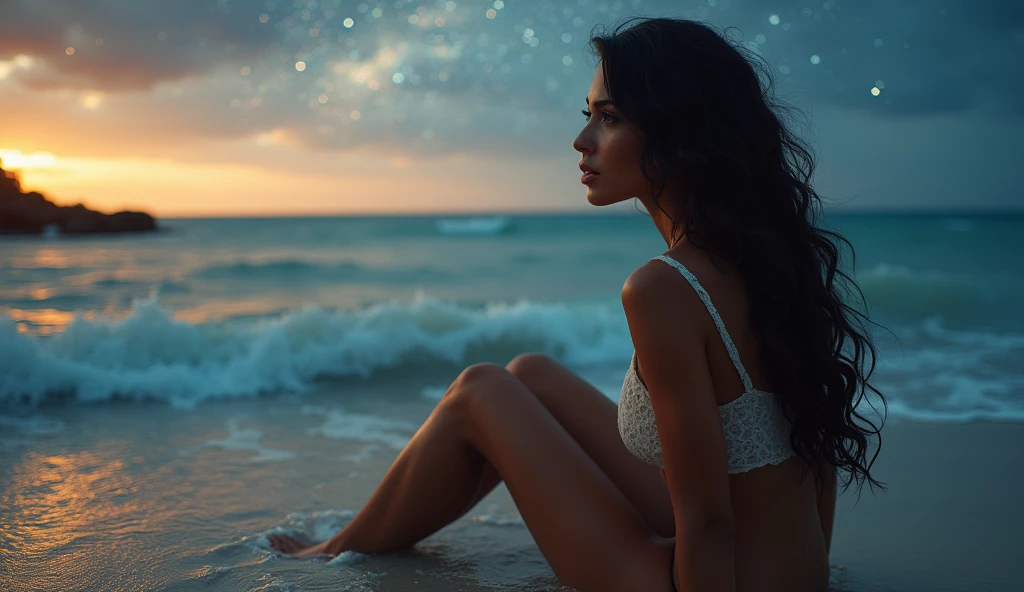 A mixture of Nora fatehi and Gal Gadot, beautiful figure woman, sitting on the beach, looking at the sea, in starry night sky, cinematic HD 