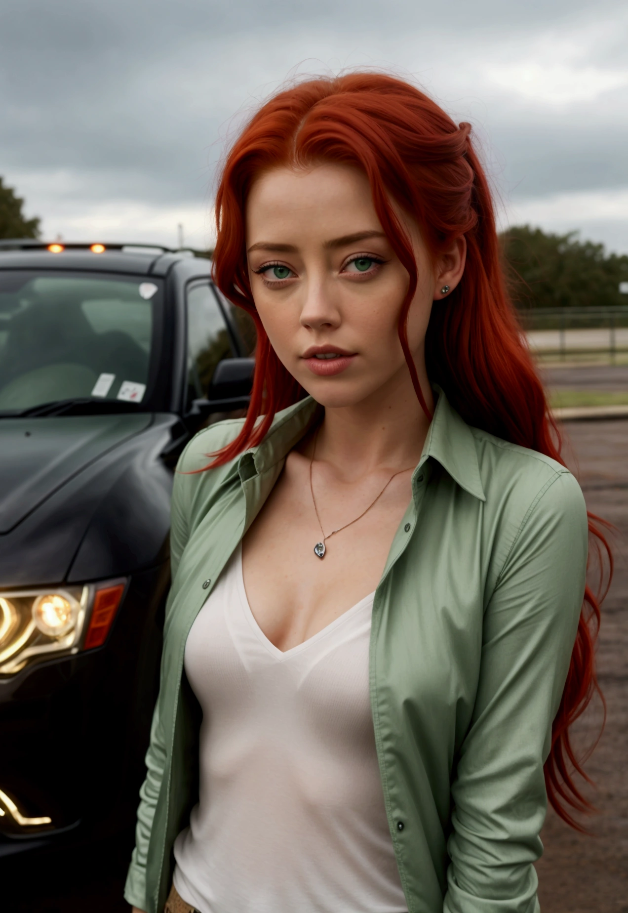 girl, red hair, green eyes, amber heard, pixie, rainy. Moodie, car park