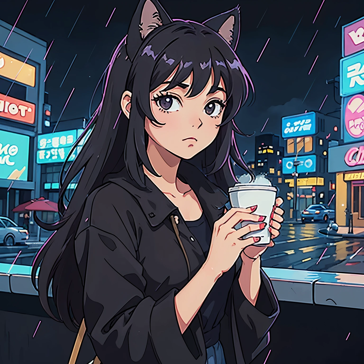 cat girl, with cat ears, short black hair, with rain and relaxing, listening to music, com roupa preta, in a city movimentada e chuvosa, with black clothes and darker colors, with black clothes and darker colors, with black clothes and darker colors, darker colors in the drawing. in a city, in a city, café, coffee shop, drinking coffee, looking forward, with plenty of detail in the city in the background, 8 0 s anime vibe, 90s anime aesthetics, 90s anime style, 90's anime style, 90s anime art style, lofi girl, 80s anime art style, 80s Anime Style, 1980's anime style
