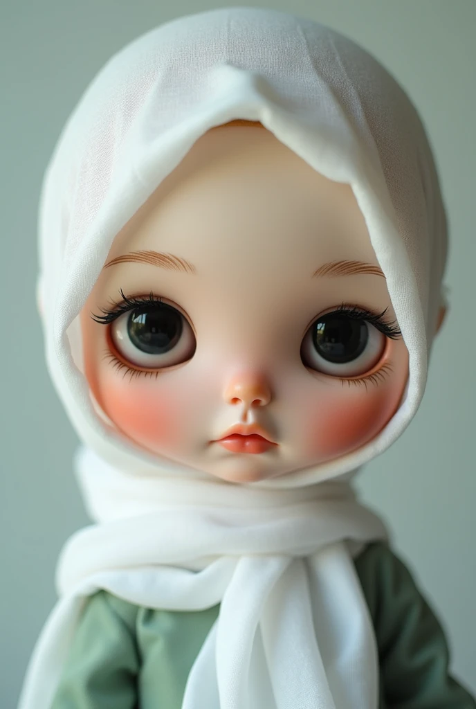 Hijabi blythe doll, dark eyes, fair skin tone, white hijab, sage green clothes. Close up immage