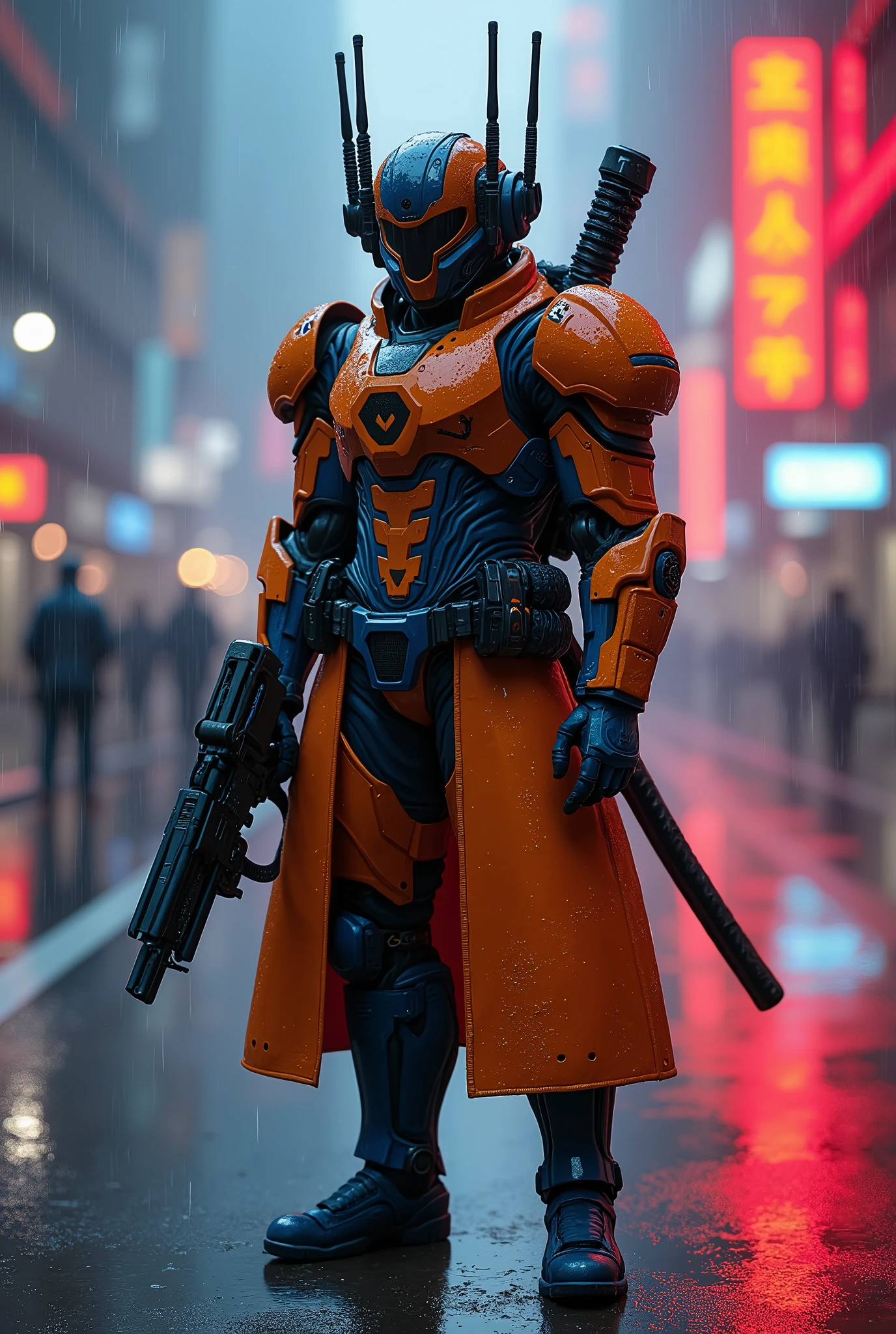 Soldat en armure futuriste orange et bleu avec plusieurs antennes sur les côté. En plus, il à deux mini-mitrailleur sur les jambes. Le soldat est dans une ville avec des led rouge, il fait nuit et il pleut. Il a deux catanas dans le dos.