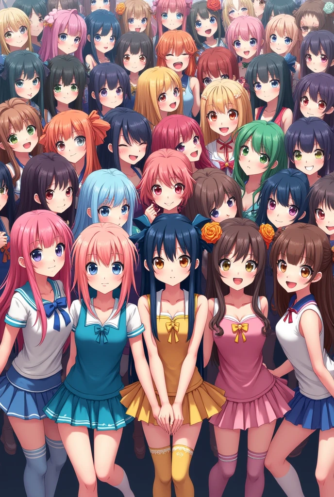 7,000 anime girls with very long hair wearing colorful hirajuku, colorful very short skirts, and colorful very long socks, take a group photo while holding each other very close, smiling slightly, and facing forward.