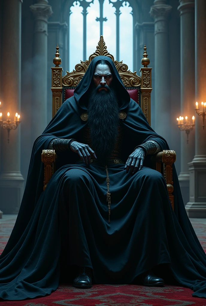 venerable regal black bearded pale skinned vampire lord in long black cape in a candlelit gothic throne room