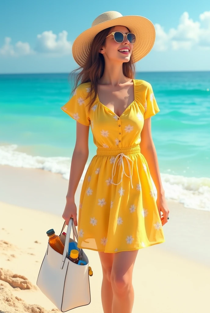 today,I'm wearing a yellow dress with white flowers on it. I have a summer hat and a sunglasses.I'm wearing a sandais because later I'm going to the beach. I have a white summer bag where I keep my rsunscreen, phone, water bottle and some snacks