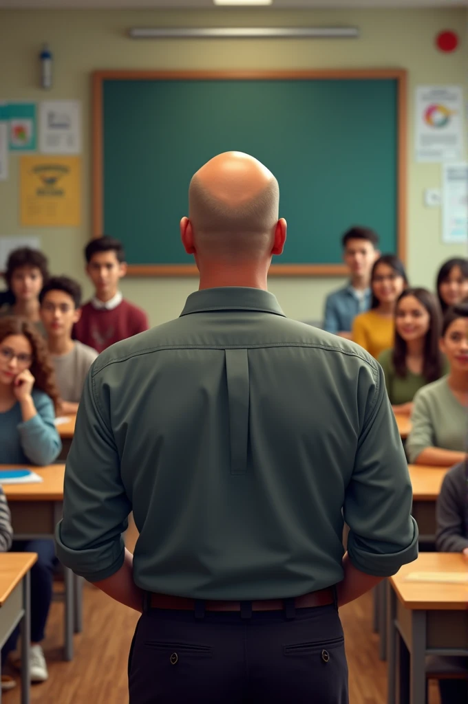 A bald teacher with glasses in a classroom with 15 students and a technology room