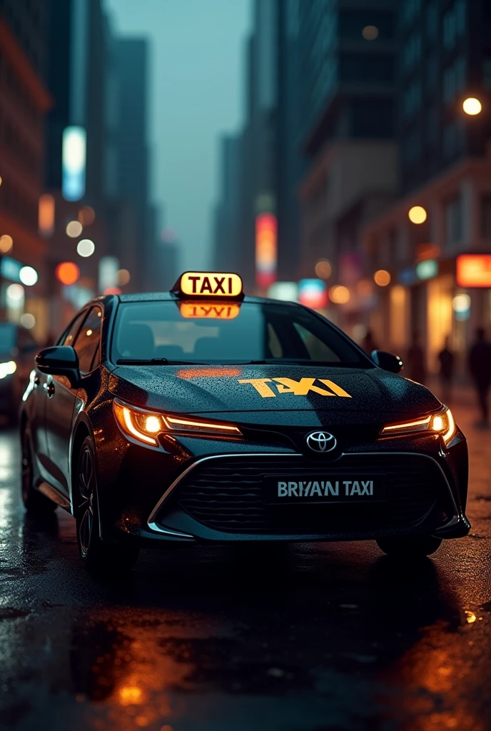 Create Briyani Taxi design logo name in roof with light s, which is toyota corolla black car