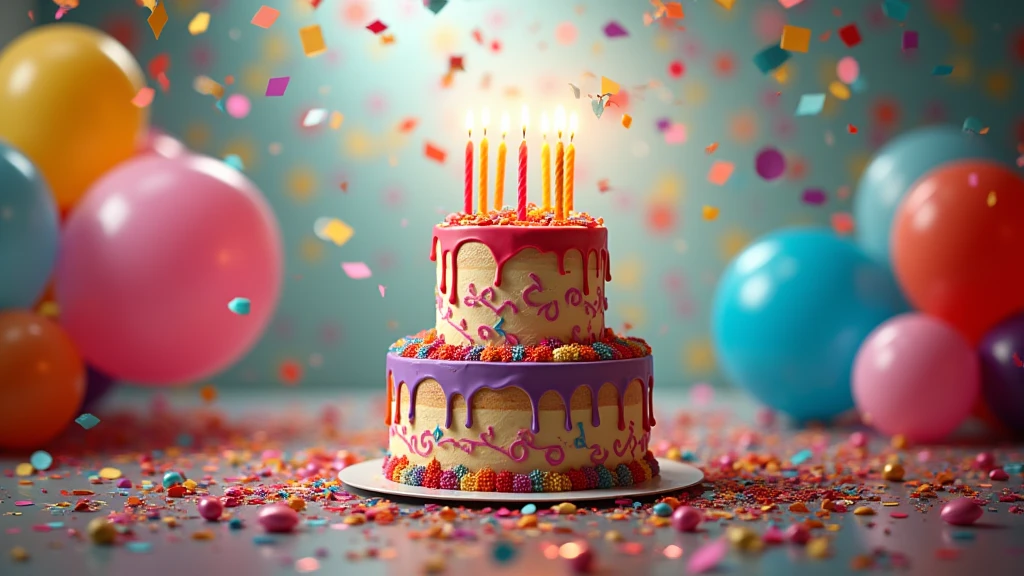 : A colorful birthday cake with lit candles surrounded by confetti and balloons, captured in a vibrant, joyful atmosphere. 8k