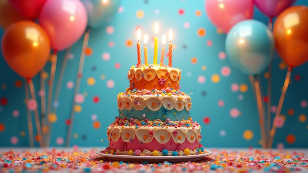 : A colorful birthday cake with lit candles surrounded by confetti and balloons, captured in a vibrant, joyful atmosphere. 8k