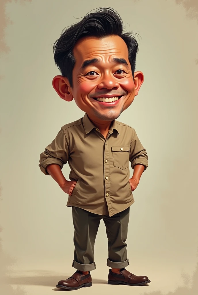 make ,a realistic full body shot,exagerrated ,caricature ,of indonesian man, with nice smile,This masterpiece captures the essence of the era, radiating nostalgia and vintage charm.,simple background.high detail