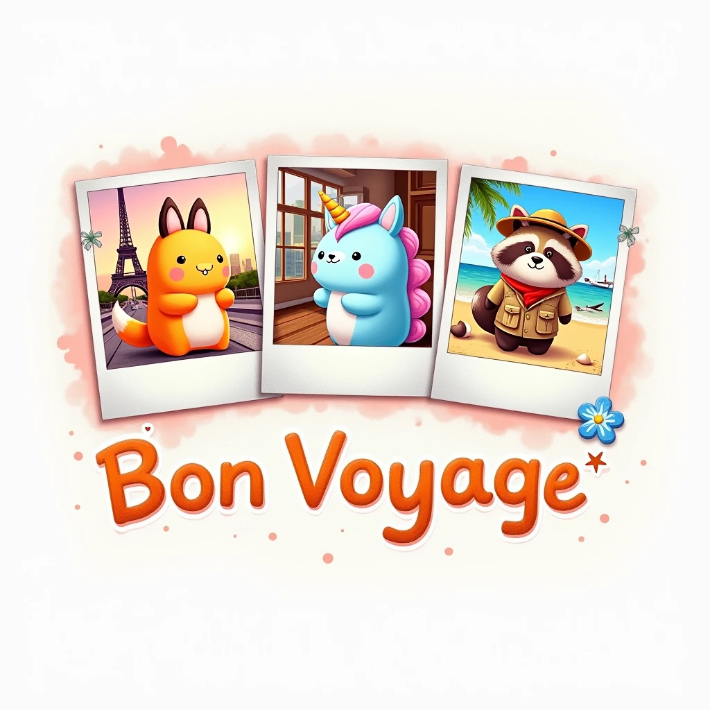 "Create a realistic colored pencil painting style illustration, with good layout and design features. A imagem deve ser ((glad)), with good contrast, fine and delicate strokes, cute and fun, intended for the public . The illustration features three polaroid-style photos, each showing a Squishmallows in different situations during a trip. Squishmallows look like teddy bears: in the first photo, um Squishmallows raposa laranja glad tirando uma foto em frente a um famoso ponto turístico como pariz; In the second photo, a blue unicorn Squishmallows with big round eyes carrying a suitcase at an airport ; and in the third photo, a Squishmallows raccoon in a scout outfit map in hand and backpack on his back, glad usando óculos de sol enquanto relaxa em uma praia tropical. The photos are random, portraying different places and travel situations. The art, Em geral, presents a distribution that resembles shirt prints, avoiding a rectangular shape. Below this scene, there is text that says 'Bon Voyage' in a stylized font that suggests a vibe of adventure and exploration. The font color transitions from pink at the top to yellow at the bottom, imitating a sunset. This image evokes nostalgia for travel and adventure, symbolizing freedom and leisure."