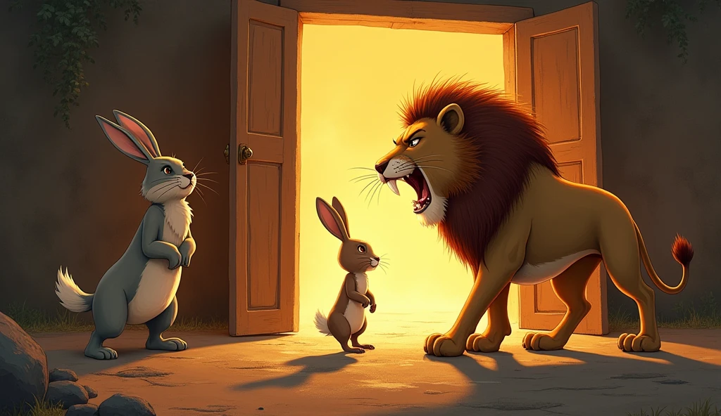The Rabbit Arrives LatePrompt: "The lion is pacing around angrily in his den. The rabbit enters, looking calm and collected, while the lion roars at him furiously. The rabbit stands unfazed, ready to explain his lateness."
