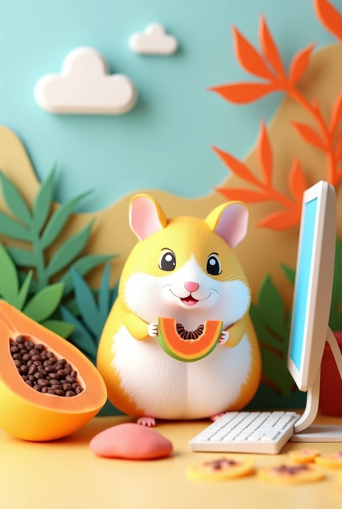 a white and yellow hamster, sitting in front of a computer, with a piece of papaya,  masterpiece, all in three dimensional paper art、(Almond Shapes);1.9、(Three-dimensional paper-cut art.、colorful):1.9
