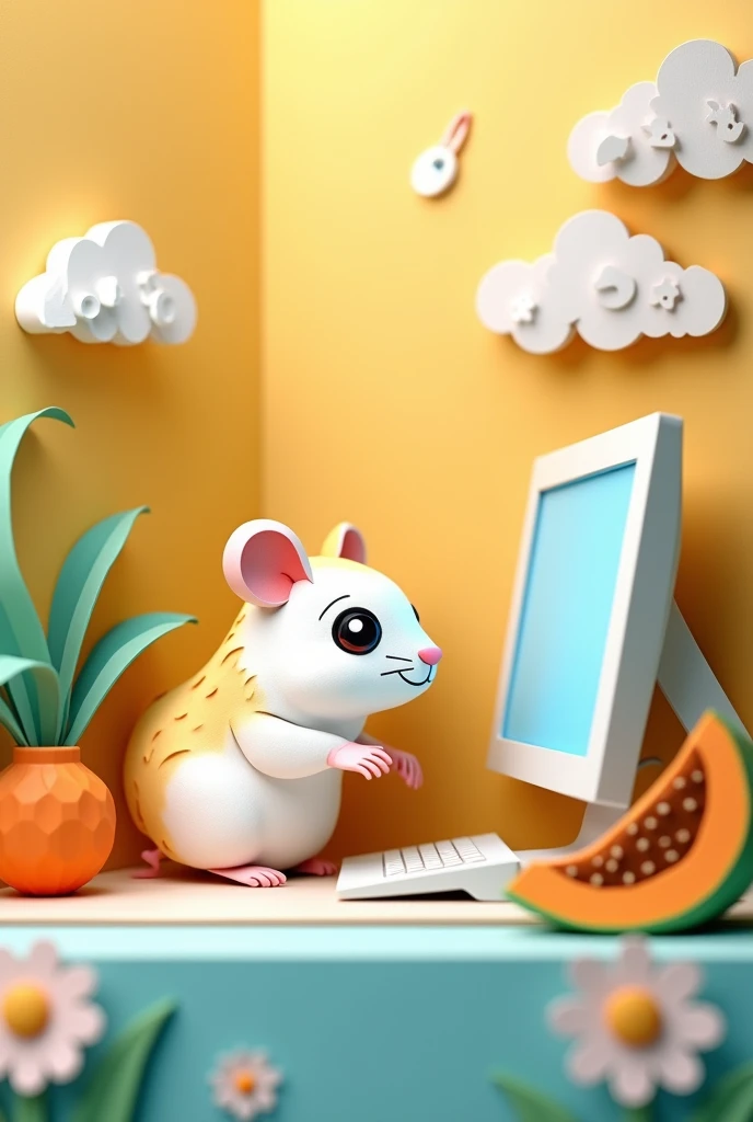 a white and yellow hamster, sitting in front of a computer, with a piece of papaya, masterpiece, all in three dimensional paper art、(Almond Shapes);1.9、(Three-dimensional paper-cut art.、colorful):1.9