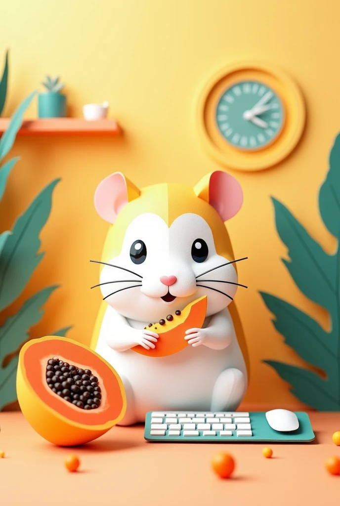 a white and yellow hamster, sitting in front of a computer, with a piece of papaya,  masterpiece, all in three dimensional paper art、(Almond Shapes);1.9、(Three-dimensional paper-cut art.、colorful):1.9
