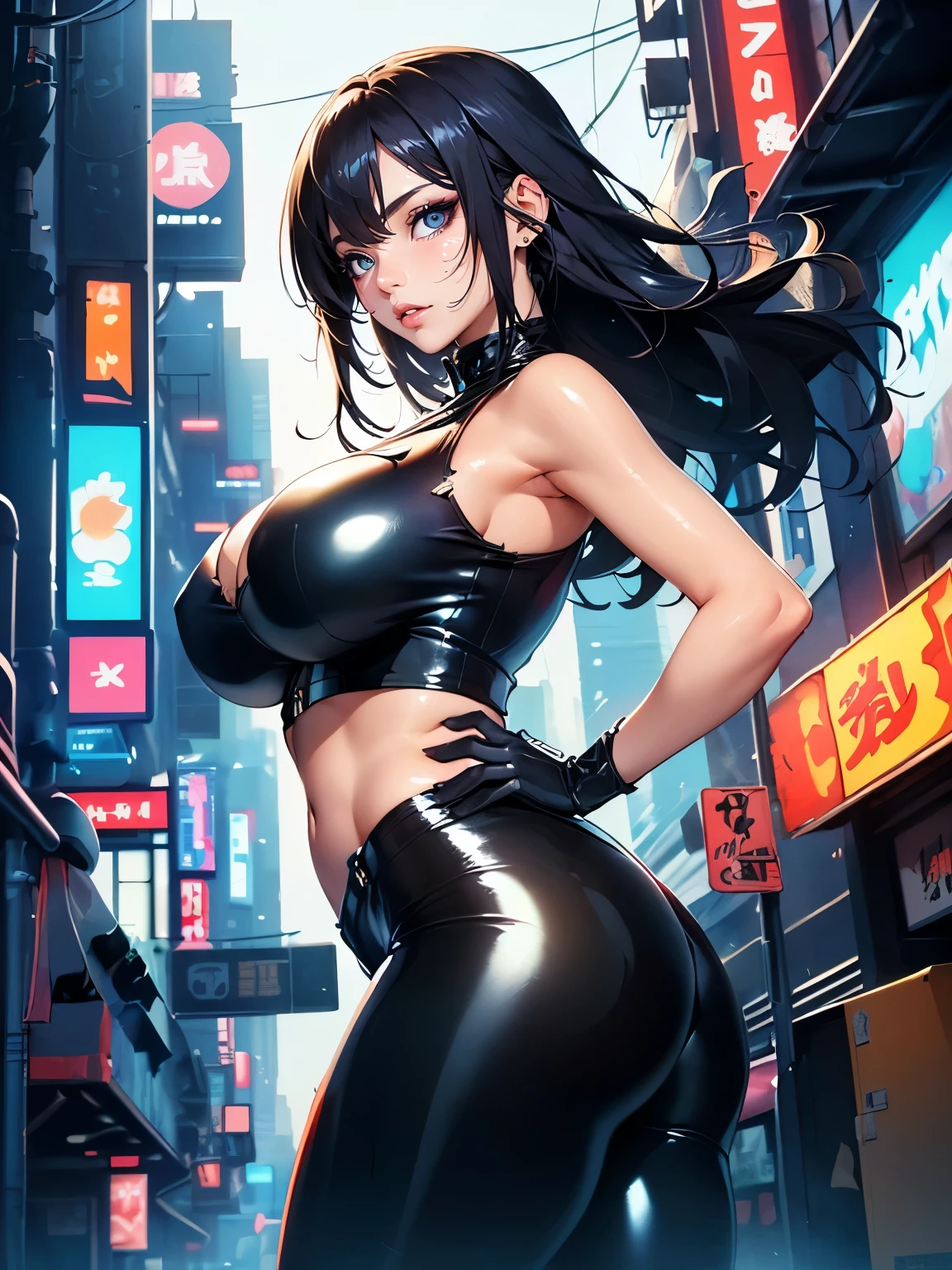 (upper body), (high quality, best quality, masterpiece), sexy Caska, (long black hair, bob, bright blue detailed eyes), full lips, cyberpunk neo medieval well lit highrise building, filled with neon signs, (big sagging breasts), well lit by red neon lights, (translucid), (wearing only a black micro bikini)