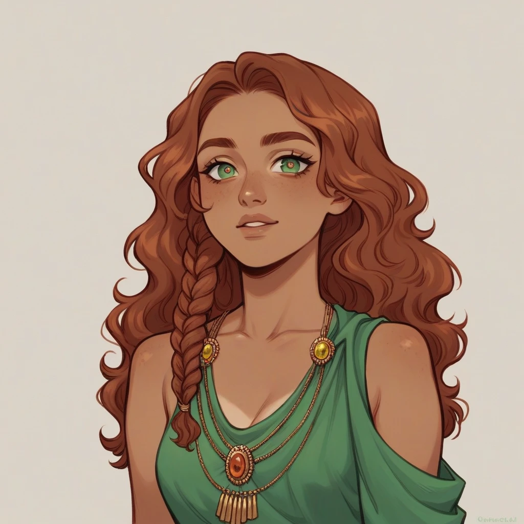 1girl, Solo, Looking at viewer, Auburn Hair, Wavy Hair, Green Eyes, Long Hair, Tan Skin, Almond Shaped Eyes, Slender, Bohemian Fashion, Hippie Clothes,
- **Hair**: Auburn, wavy hair that falls just below her shoulders. Often tied in a loose braid or left down in soft waves.
- **Eyes**: Deep green with hints of gold, slightly almond-shaped, and often described as her most striking feature.
- **Build**: Slender but athletic, with a graceful posture.
- **Style**: Casual and comfortable, yet with a bit of bohemian flair. She often wears earthy tones, like greens, browns, and soft oranges, and has a fondness for vintage jewelry and scarves.