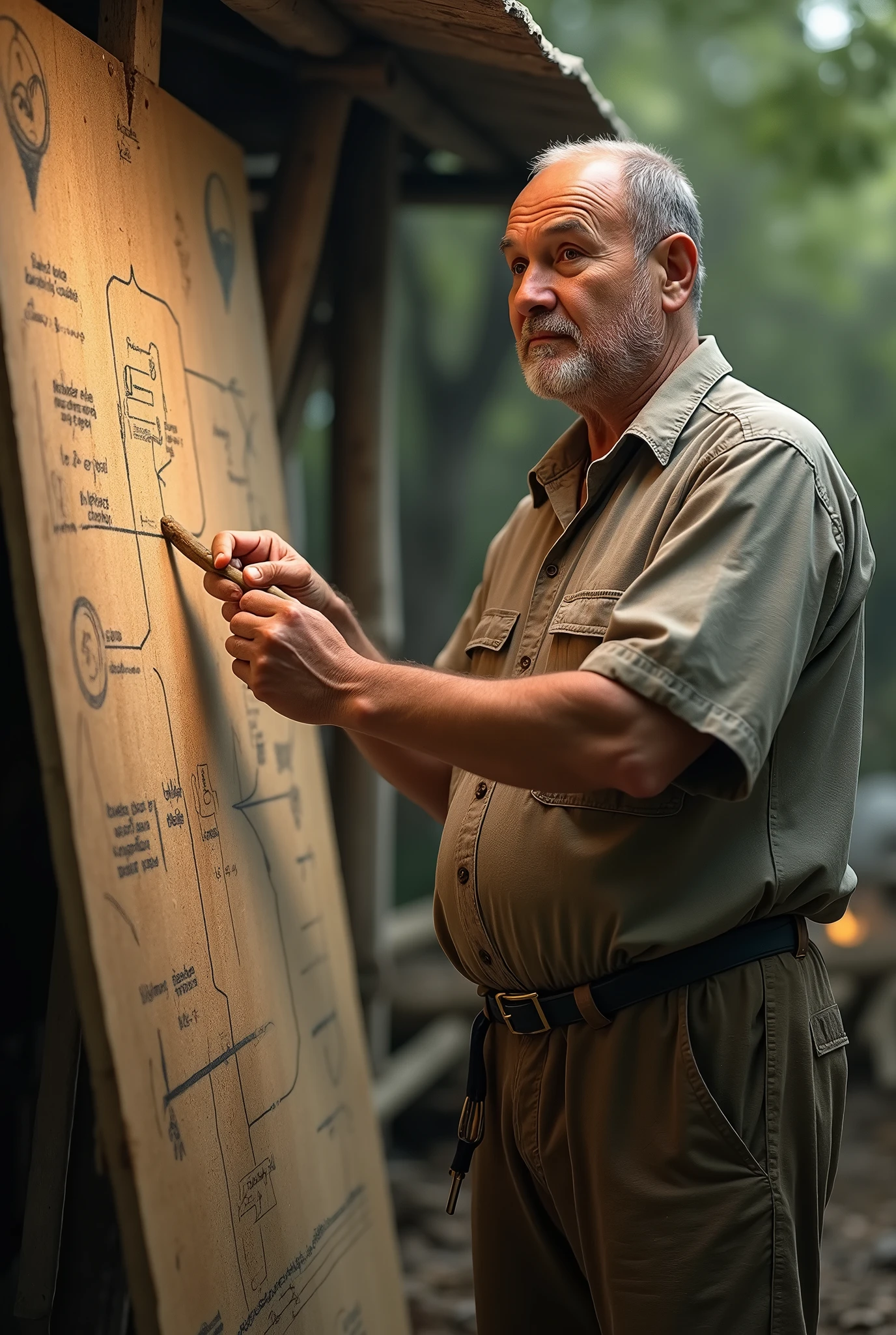 A man standing in front of a wooden board holding a stick in his hands pointing at the board