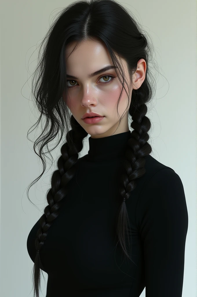 Can you generate a picture of a girl with a side hair partition, and a long braid.
She's wearing a sleek black design full sleeves (like a mafia or a bike rider)
Make her look cold .
