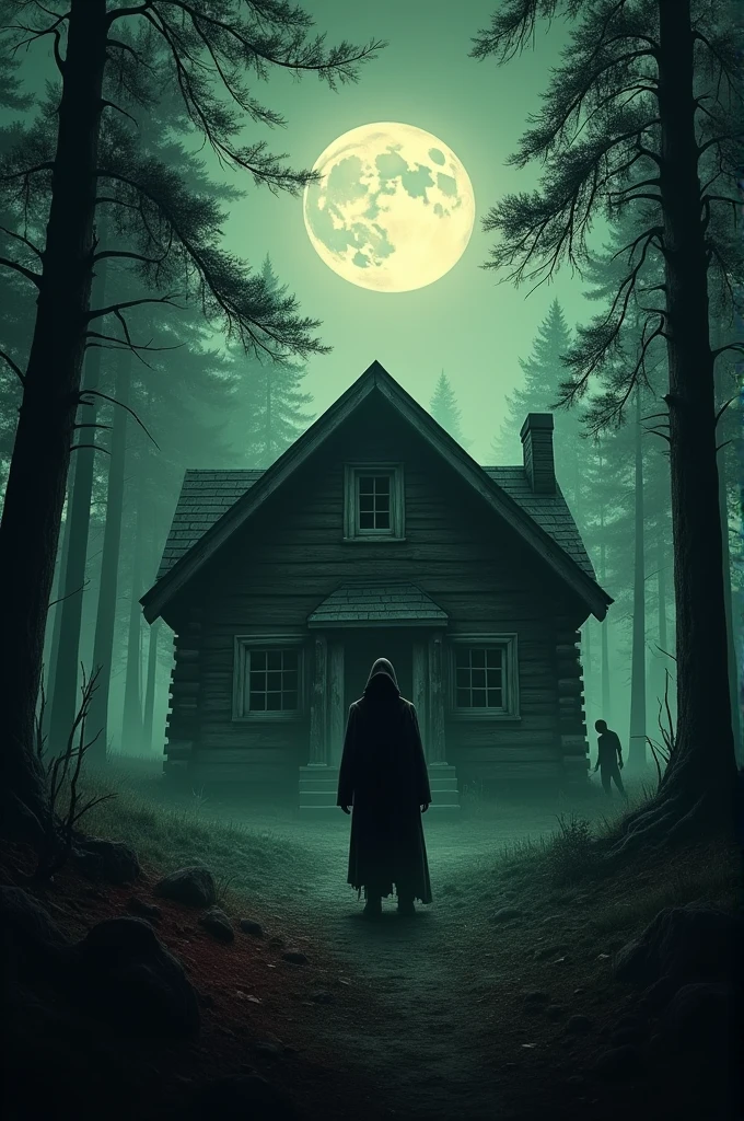 Horror movie poster with a cabin in the woods