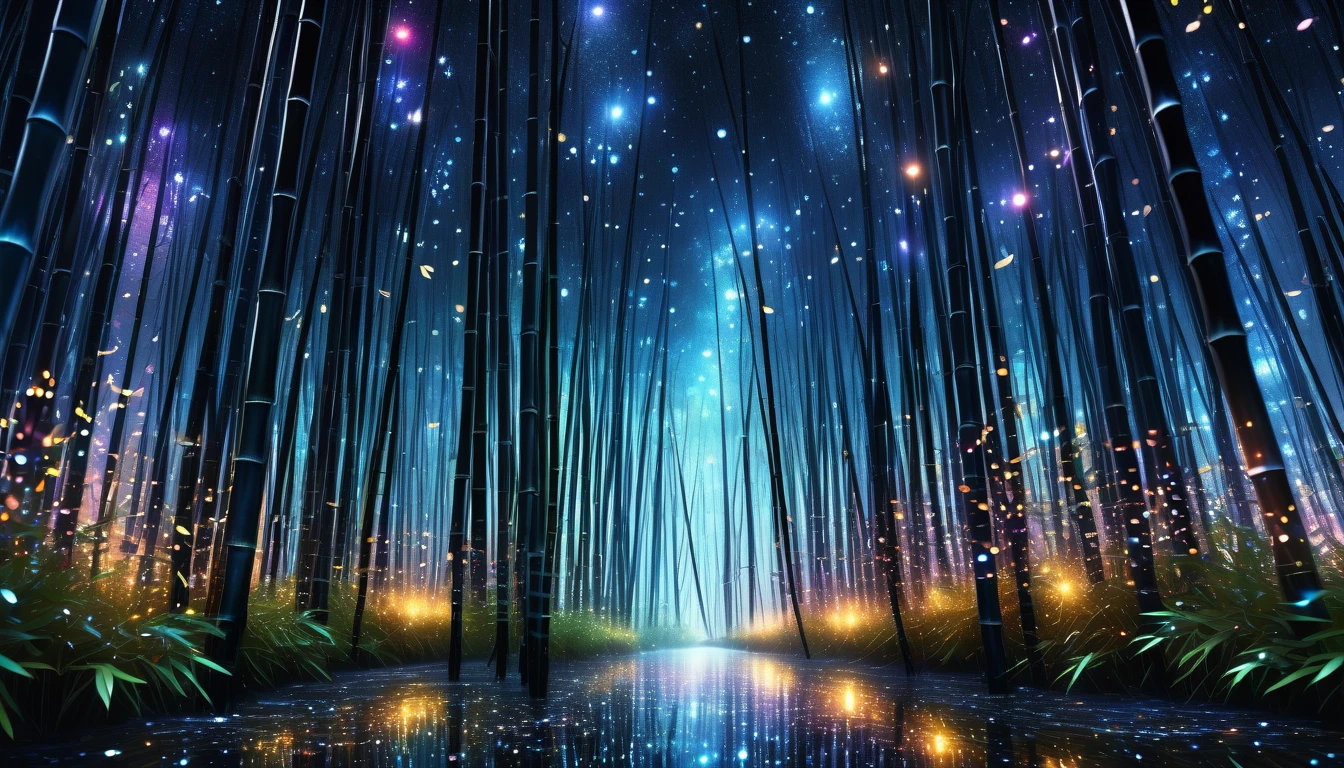Dark bamboo forest at night, Many fireflies are flying around, Holographic sparkle all over, Vibrant colors, Fantastic rainbow-like reflections, Metallic luster, A balance and harmony between pitch black darkness and shining particles, Sharp and delicate, Watercolor style CG, Perfectly Tuned Octane Rendering, superretinal vision, NRART, Ultimate aesthetics
