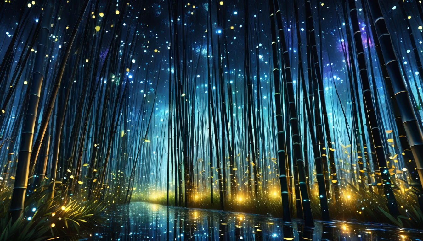 Dark bamboo forest at night, Many fireflies are flying around, Holographic sparkle all over, Vibrant colors, Fantastic rainbow-like reflections, Metallic luster, A balance and harmony between pitch black darkness and shining particles, Sharp and delicate, Watercolor style CG, Perfectly Tuned Octane Rendering, superretinal vision, NRART, Ultimate aesthetics