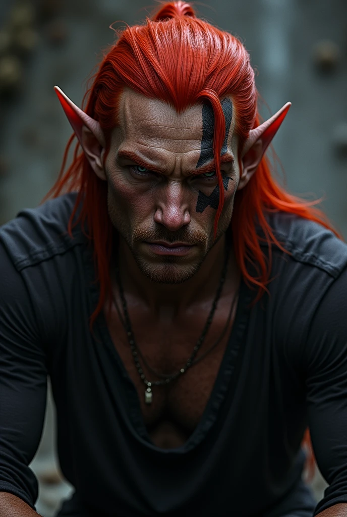 clear, who has red hair and a scar over his left eye, sitting down , he is half elf ,Dark-skinned male elf, menacing look 