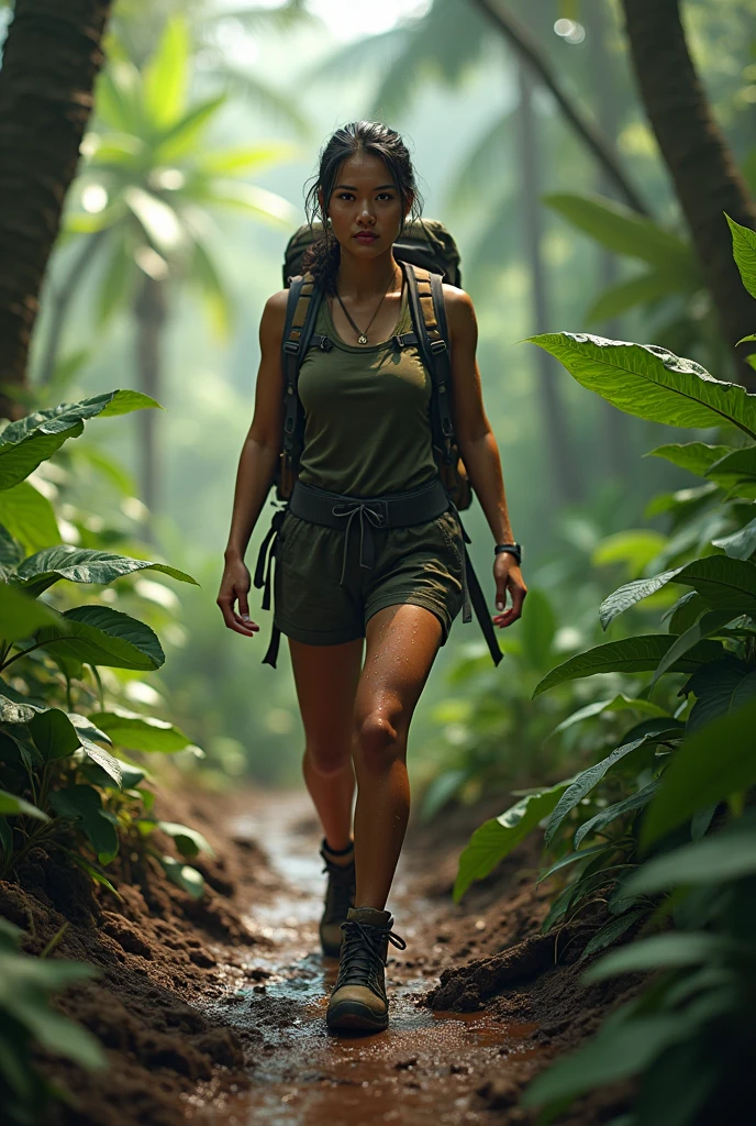 Photorealism 1.4 realistic realism high detailed definition Malay adult women jungle trekking wearing adventure attire wet ground after rain