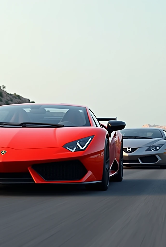 Create an image with a Lamborghini in the foreground and a small but still clearly visible gray Opel Astra from 2007 in the background, both cars should be visible completely and uncovered